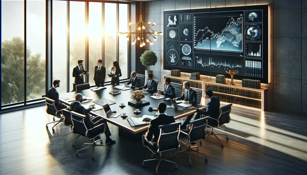 A sophisticated office environment where a diverse group of attorneys collaborates around a sleek, modern conference table