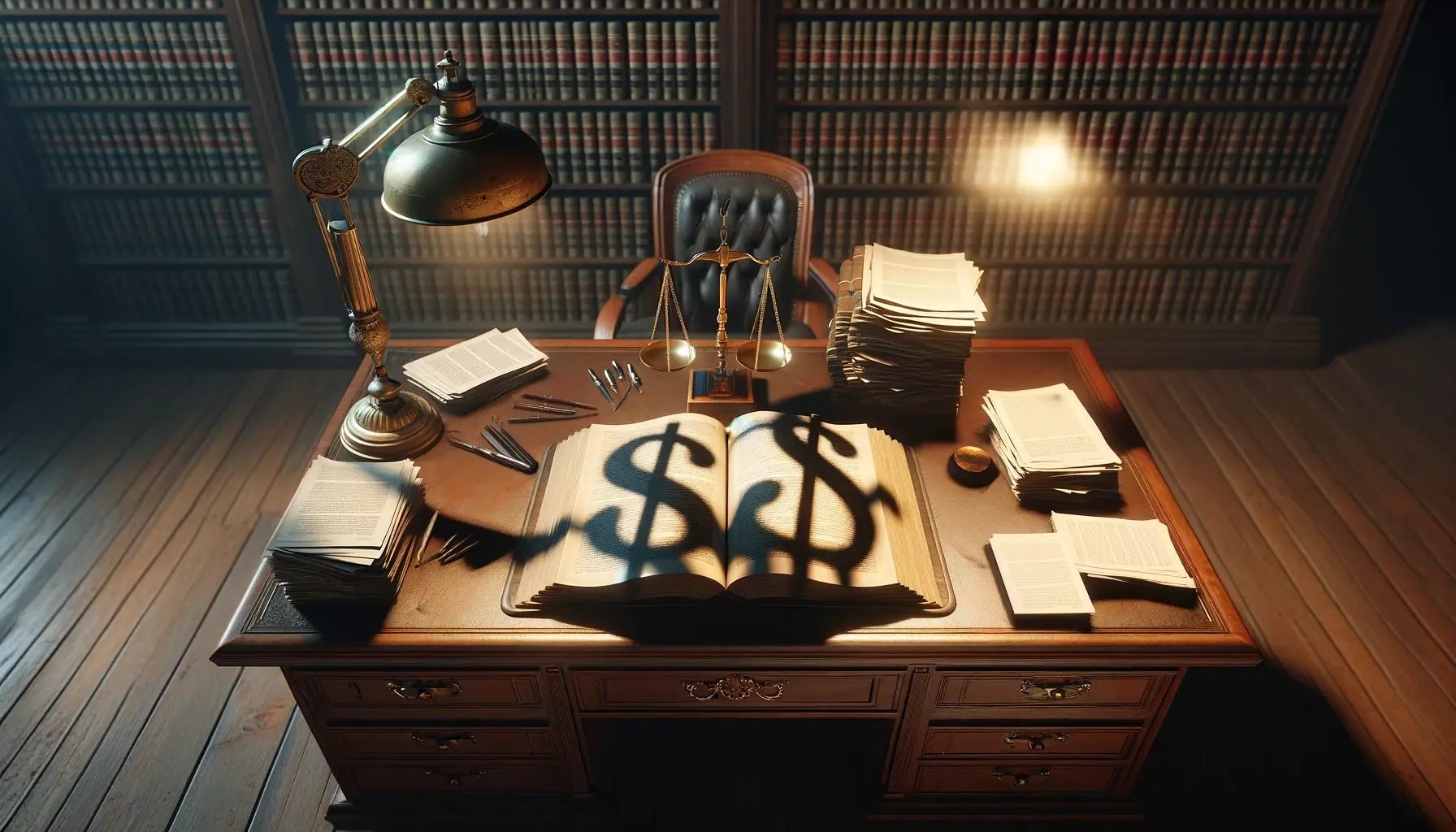 A hyperrealistic horizontal image depicting the concept of hidden costs in legal services.